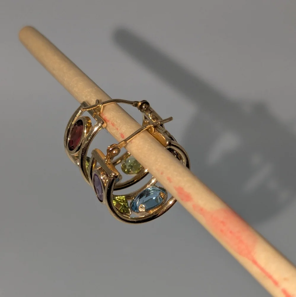 Sold ♥️14k Yellow Gold Amethyst Peridot Blue Topaz Multi-Gemstone Hoop Earrings - Picture 7 of 16